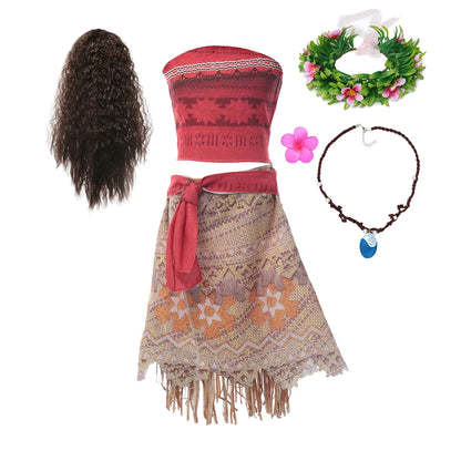 Moana Dresses Girls Kids Clothes Cosplay Vaiana Princess Dress Necklace Wig Children Carnival Party Summer Disney Costume Set-EXPROTAS