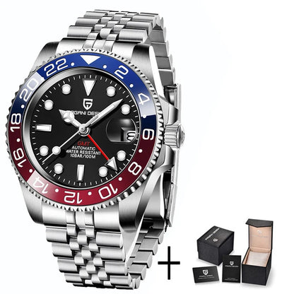 PAGAN DESIGN PD-1662 Luxury GMT Men Mechanical Wristwatch Sapphire Glass Stainless Steel 100M Waterproof Automatic Watches-EXPROTAS