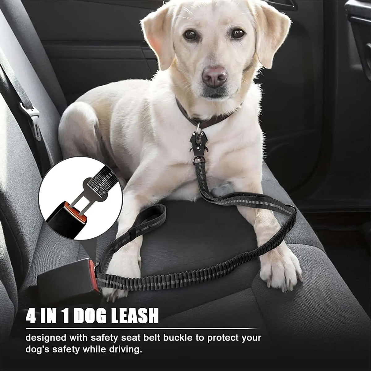 Heavy Duty Reflective Bungee Dog Leash with Car Seatbelt for Large Dogs