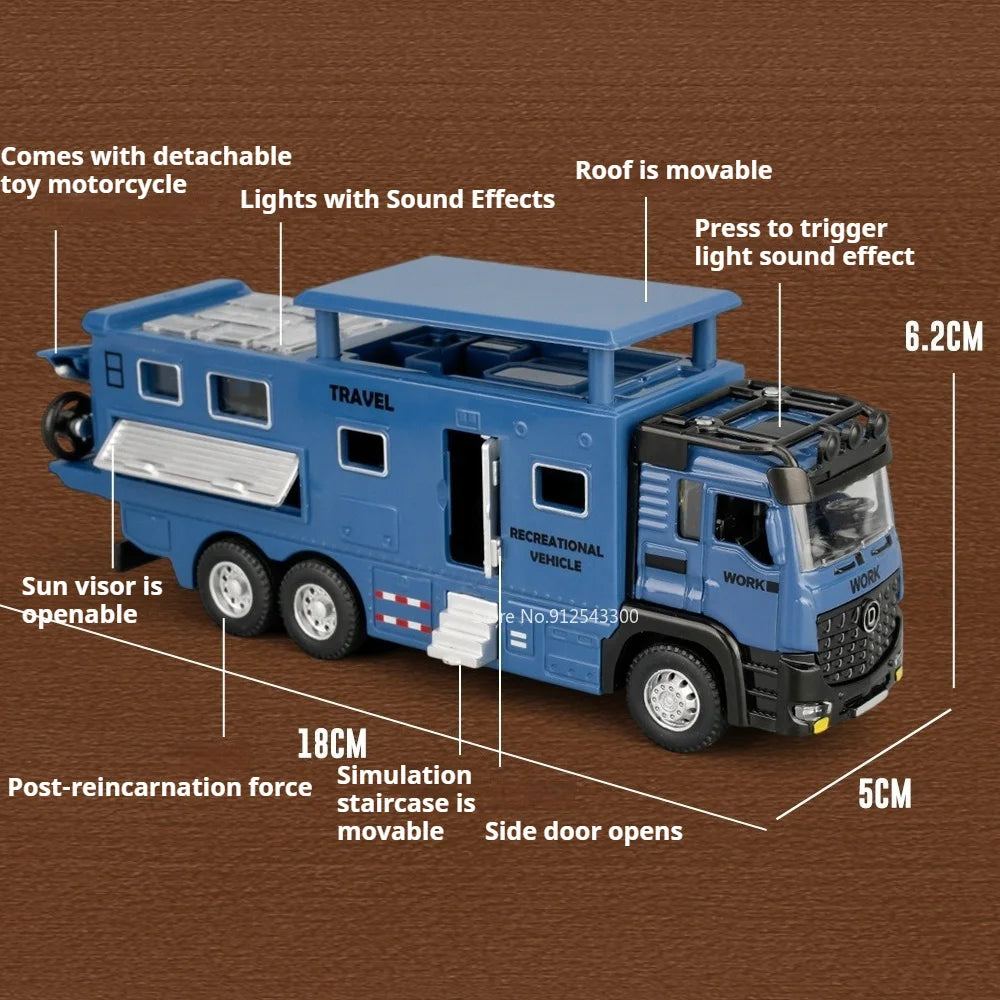 1:43 Diecast Camper Van Model Toy with Sound Light Adjustable Roof Doors