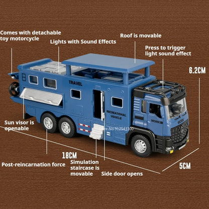 1:43 Diecast Camper Van Model Toy with Sound Light Adjustable Roof Doors