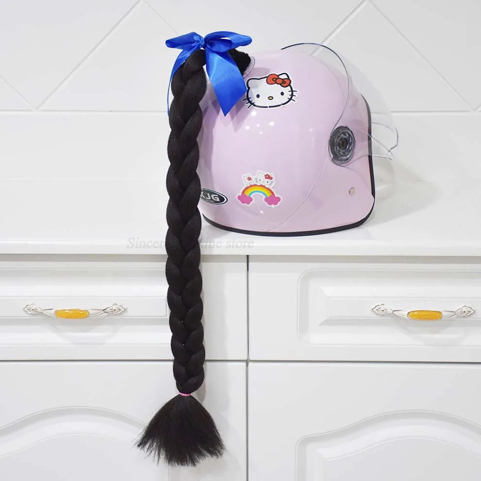 Motorcycle Helmet Braids Wig for Women Ponytail Hair Curly Pigtail Decor