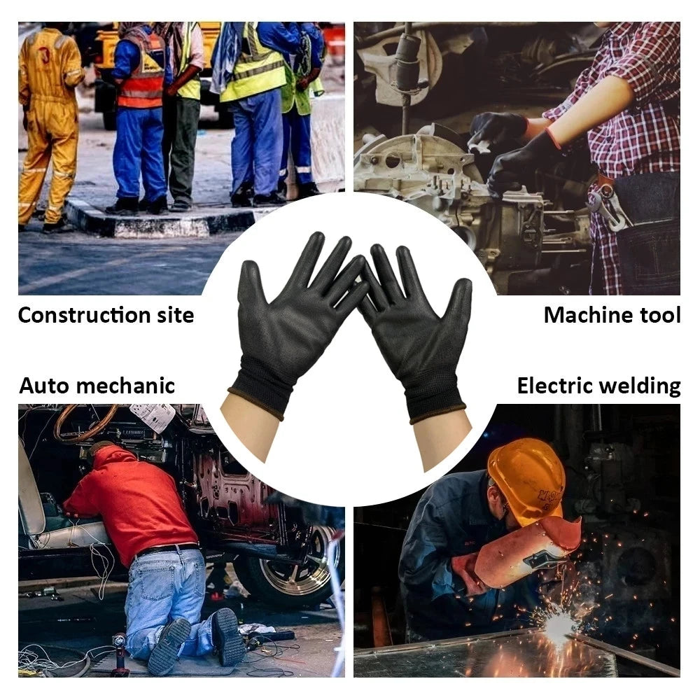 10/20 Pairs Safety Work Gloves PU Coated Grip Builders Gardening Black