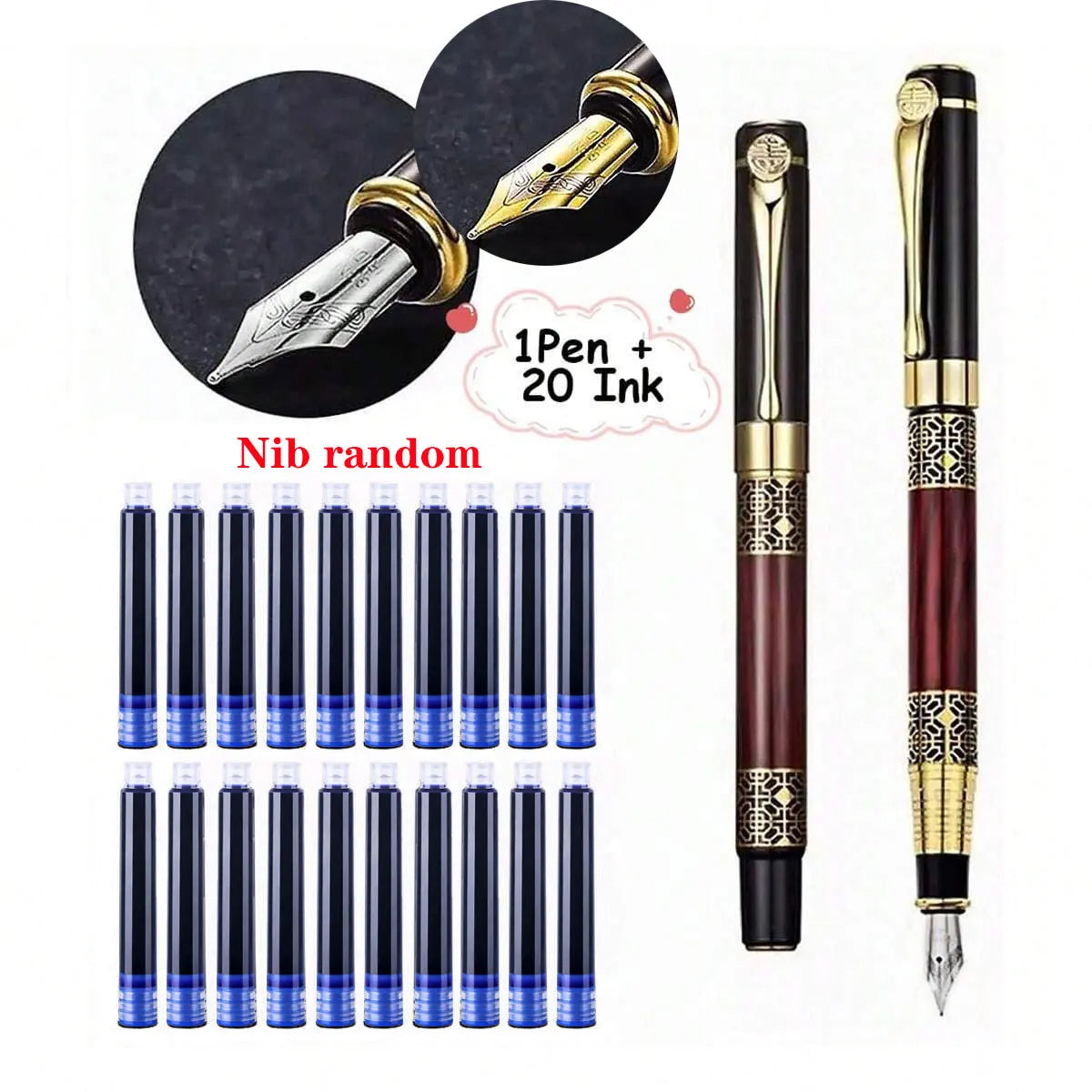 1-100Pcs Retro Metal Fountain Pen Replaceable Ink Elegant Writing Supplies