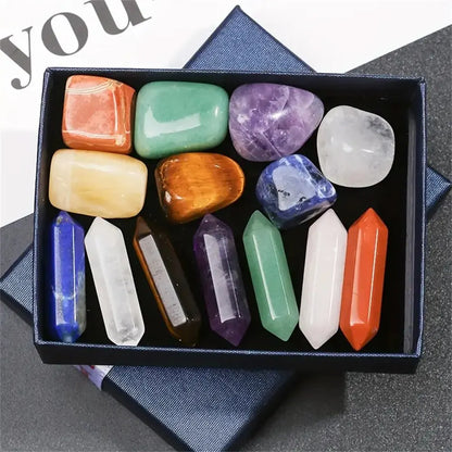 14PCS Chakra Crystal Set Pointed Quartz Hexagon Stones for Healing & Decor