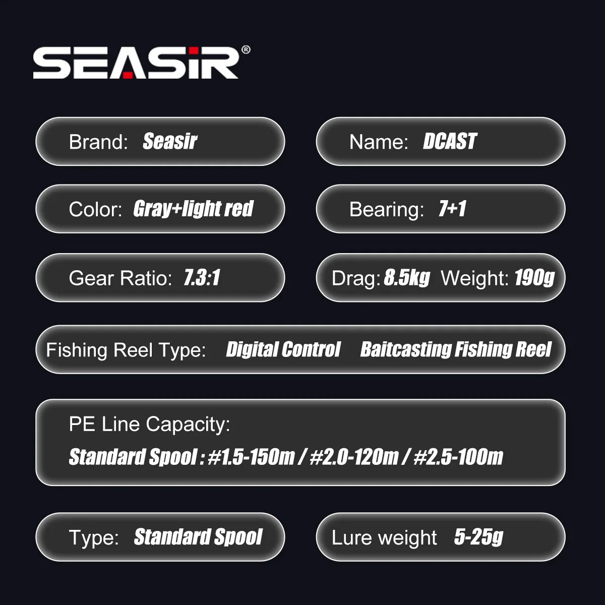 DC Baitcasting Reel Digital Control Seasir DCAST 7.3:1 7+1BB 8.5kg Drag