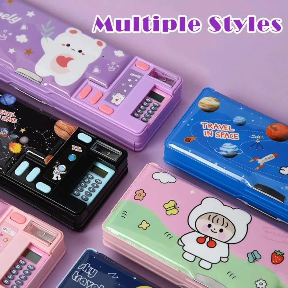 Double Layer Pencil Case with Calculator Sharpener Storage Box for School
