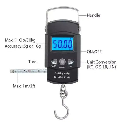 50kg/10g Portable LCD Hanging Scale w/ 100cm Tape for Travel & Luggage