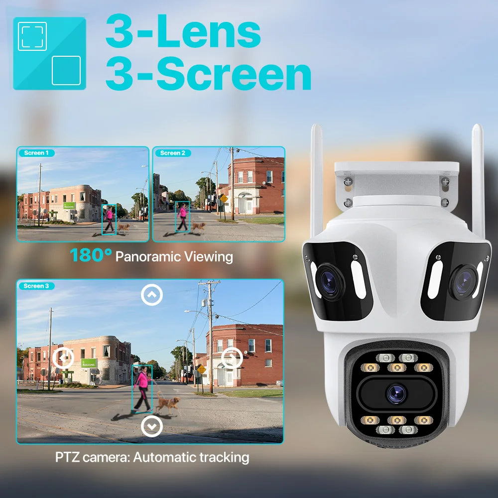 Three Lens PTZ IP Camera Outdoor 6K HD Three Screen WiFi Security Camera Auto Tracking 4K Dual Len Wirelss CCTV Camera iCsee-EXPROTAS