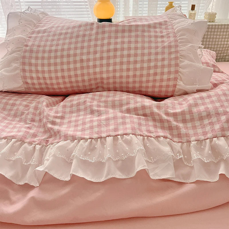 Plaid Duvet Cover 3 Piece Bedding Set Pink Check Bedspread All Seasons