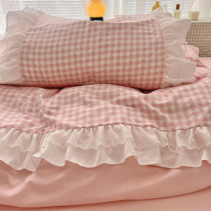 Plaid Duvet Cover 3 Piece Bedding Set Pink Check Bedspread All Season