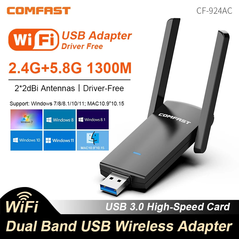 COMFAST Wifi USB Adapter WIFI6 1300Mbps Network Card 2.4G/5.8Ghz USB3.0/2.0 WIFI Dongle Receiver Driver Free For PC Win10/11