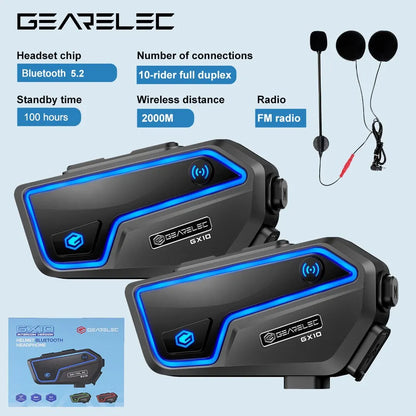 GEARELEC GX10 Motorcycle Intercom Helmet Bluetooth Headset 10 Riders 2km MOTO Communicator Interphone FM Music Sharing PK B4FM-X-EXPROTAS