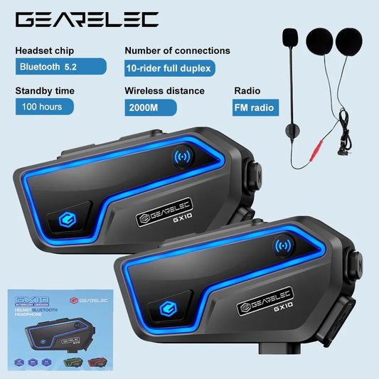 GEARELEC GX10 Motorcycle Intercom Helmet Bluetooth Headset 10 Riders 2km MOTO Communicator Interphone FM Music Sharing PK B4FM-X-EXPROTAS