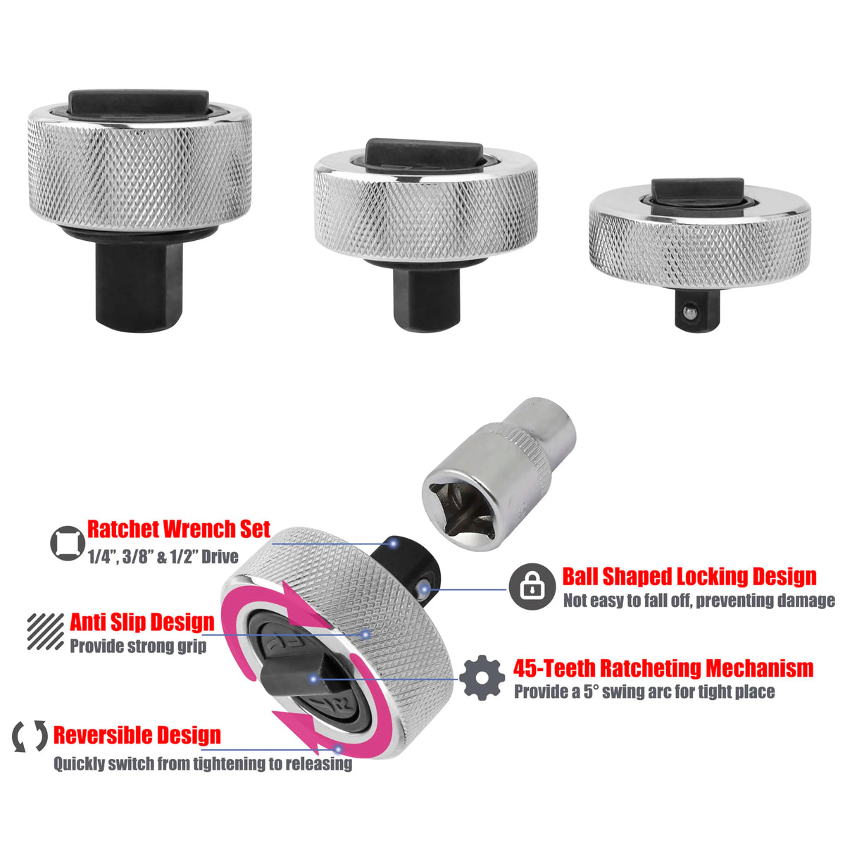1/4 Drive Socket Ratchet Wrench Stubby Handle Flexi Head for Tight Spaces