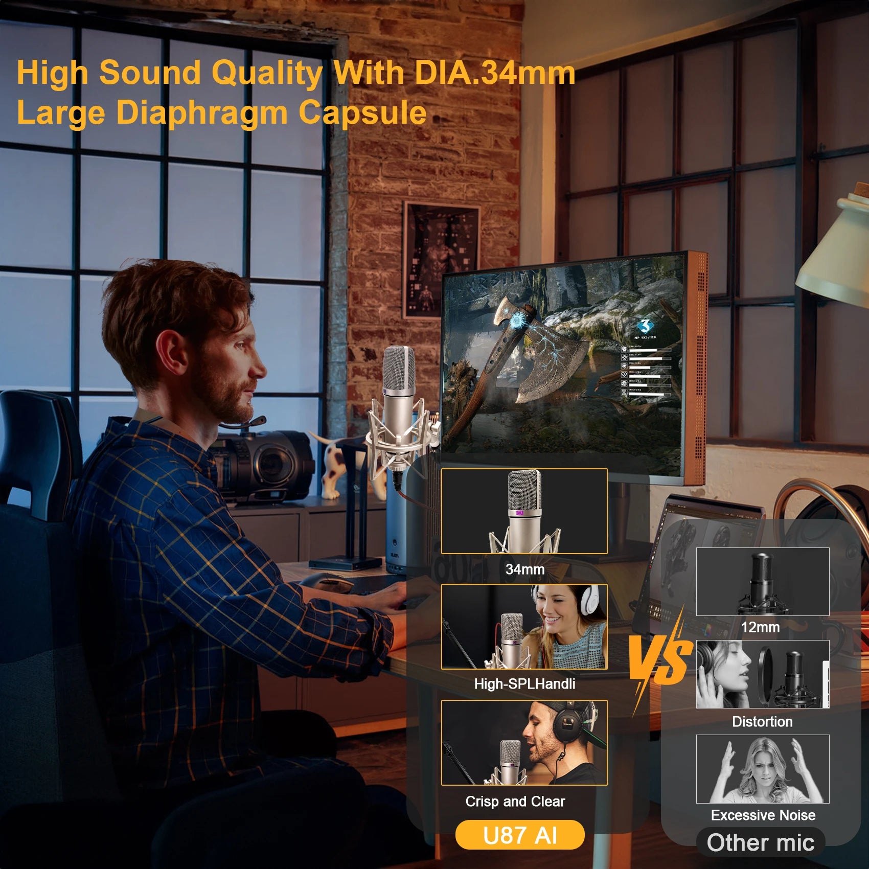 U87 AI XLR Condenser Microphone Professional Cardioid Studio Mic for Recording Podcasting Voice Over Streaming Home Studio-EXPROTAS
