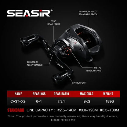 SEASIR Cast X2 Baitcasting Reel 7.3:1 Carbon Dual Brake Fishing