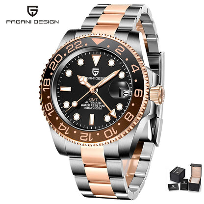 PAGAN DESIGN PD-1662 Luxury GMT Men Mechanical Wristwatch Sapphire Glass Stainless Steel 100M Waterproof Automatic Watches-EXPROTAS