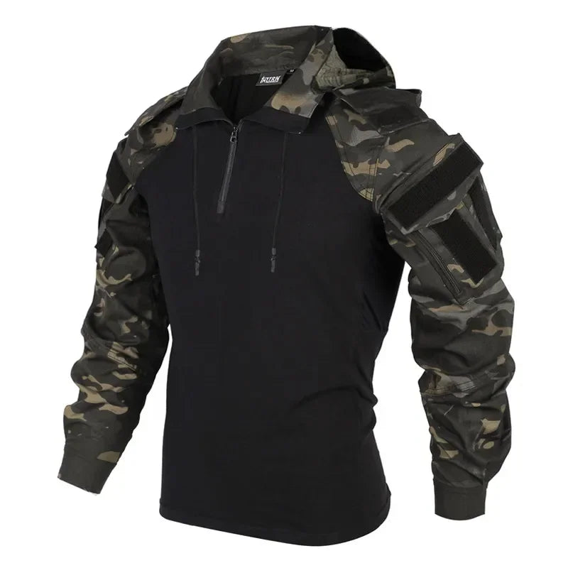 Tactical Combat Shirt 1/4 Zip Long Sleeve Men Camo Cotton Ripstop Military Top