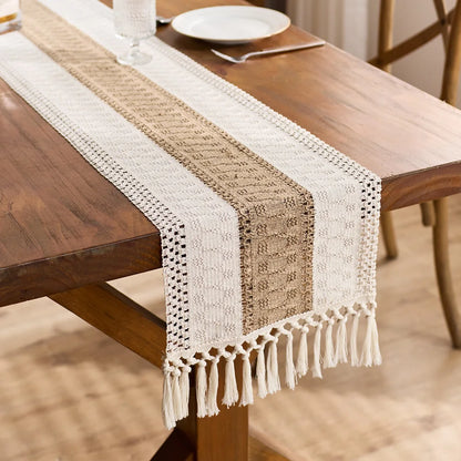 Boho Table Runner Macrame Cream Brown Tassels Farmhouse Home Decor