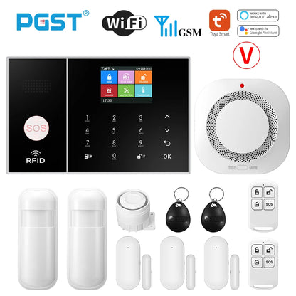 PGST Smart Life Alarm System for Home WIFI GSM Security Alarm Host with Door and Motion Sensor Tuya Smart App control work Alexa-EXPROTAS