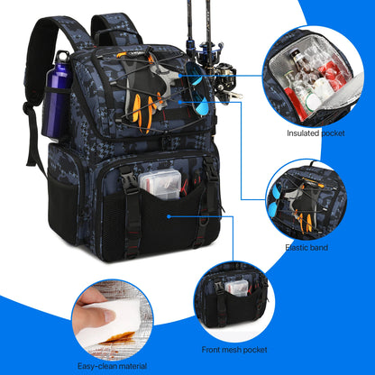 Fishing Tackle Bag 45L Backpack with Cooler & Rod Holders Waterproof Gear