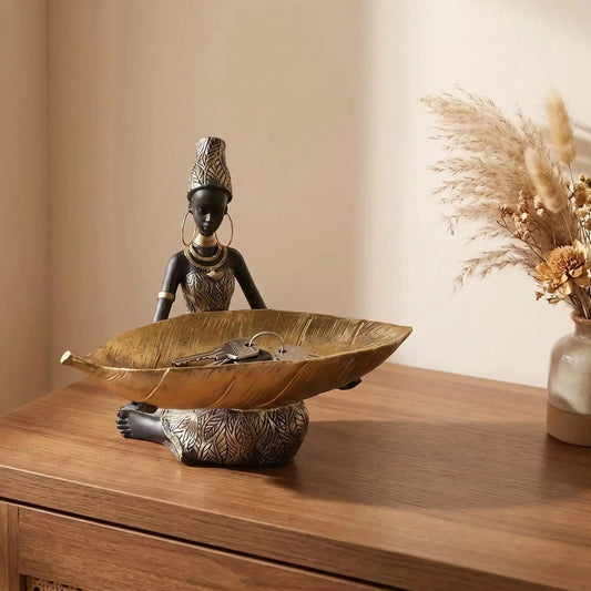 Vintage African Girl Holding Plate Storage Sculpture Figurine Home Decor