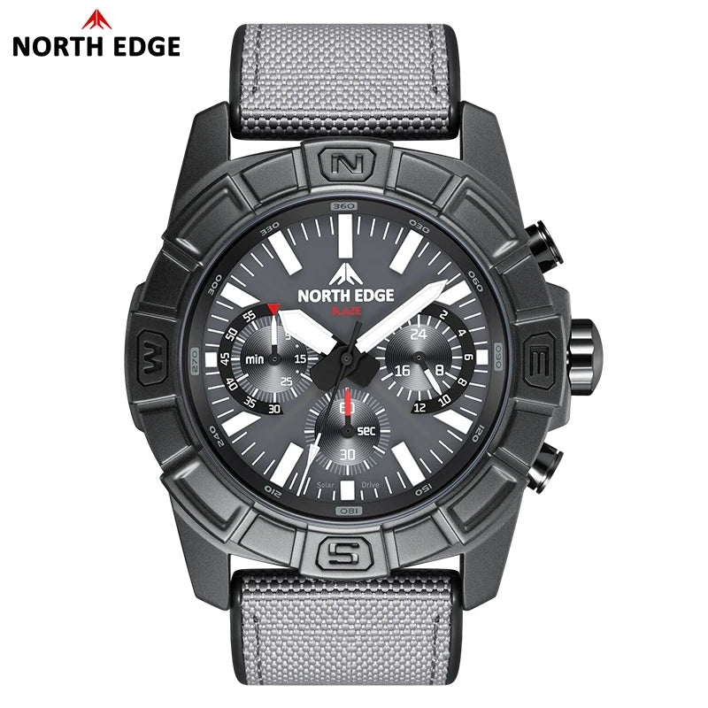NORTH EDGE BLAZE Men's Solar Quartz Watch, 316L SS Case, Pilot Sports, 50M Waterproof
