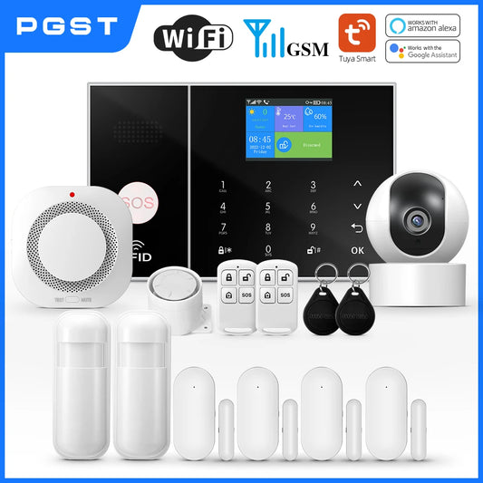 PGST Smart Life Alarm System for Home WIFI GSM Security Alarm Host with Door and Motion Sensor Tuya Smart App control work Alexa-EXPROTAS