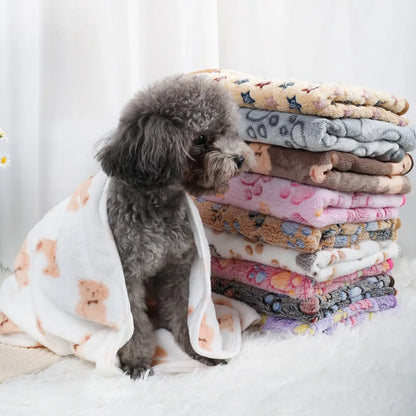 Pet Mat Warm Soft Fleece Blanket for Dog Cat Paw Print Bed
