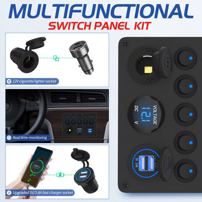 5 Gang Switch Panel 12V USB Voltmeter Toggle for Boat Car Truck RV ATV