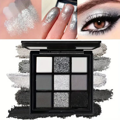 Grey Silver Glitter Eyeshadow Palette 9 Shades Smoky Black Swan Matte