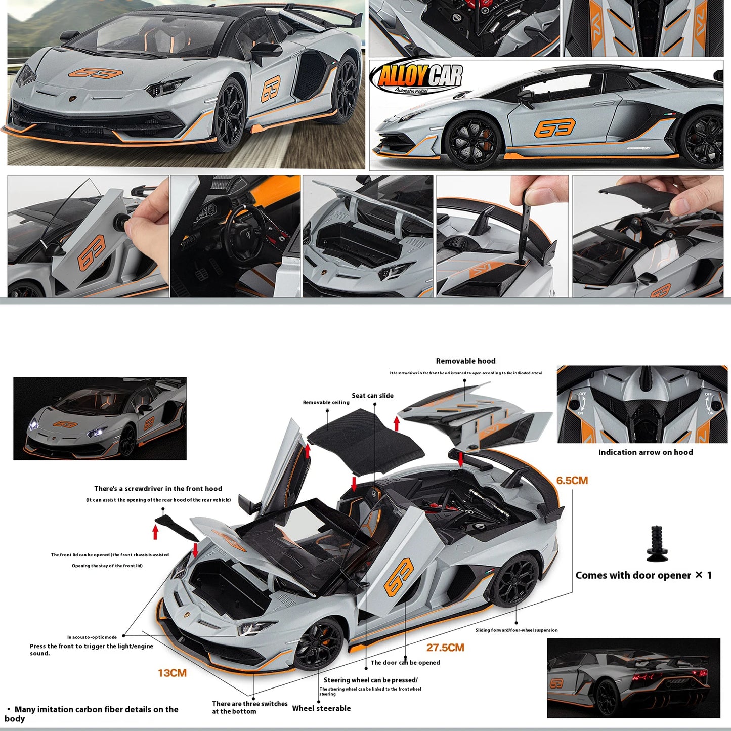1:18 Scale SVJ63 Alloy Car Toy Model with Sound & Light Effects - Realistic Detail for Kids' Playtime & Collectors' Delight-EXPROTAS