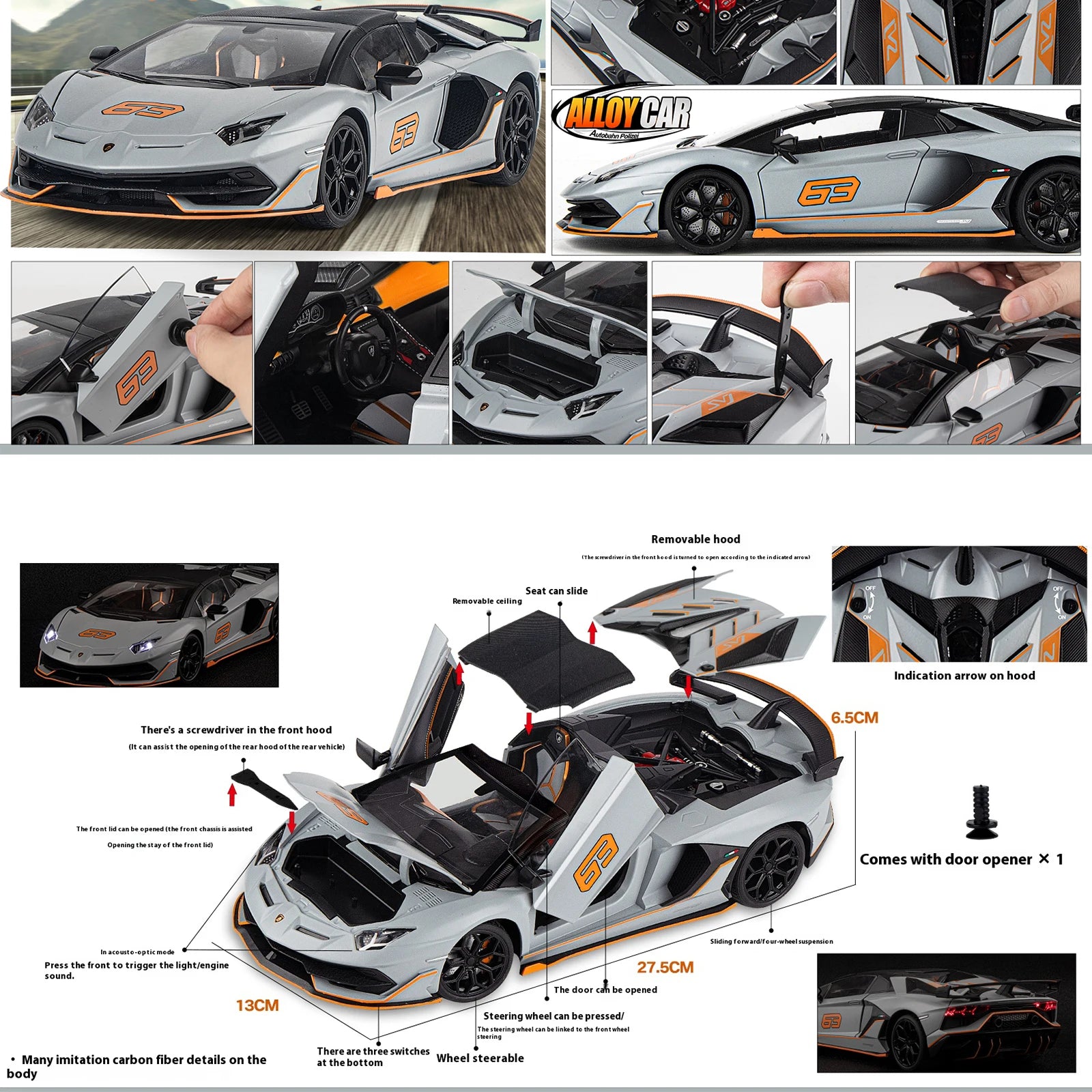 1:18 Scale SVJ63 Alloy Car Toy Model with Sound & Light Effects - Realistic Detail for Kids' Playtime & Collectors' Delight-EXPROTAS