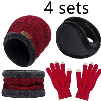 Men Women Beanie Winter Hat Scarf Gloves Thick Warm Knit Cap Set