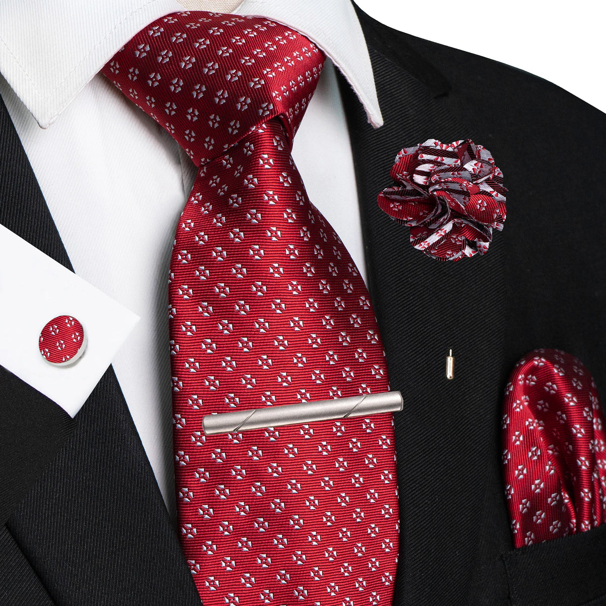 Men's Plaid Tie Clip Set with Pocket Square Cufflinks Wedding Accessories