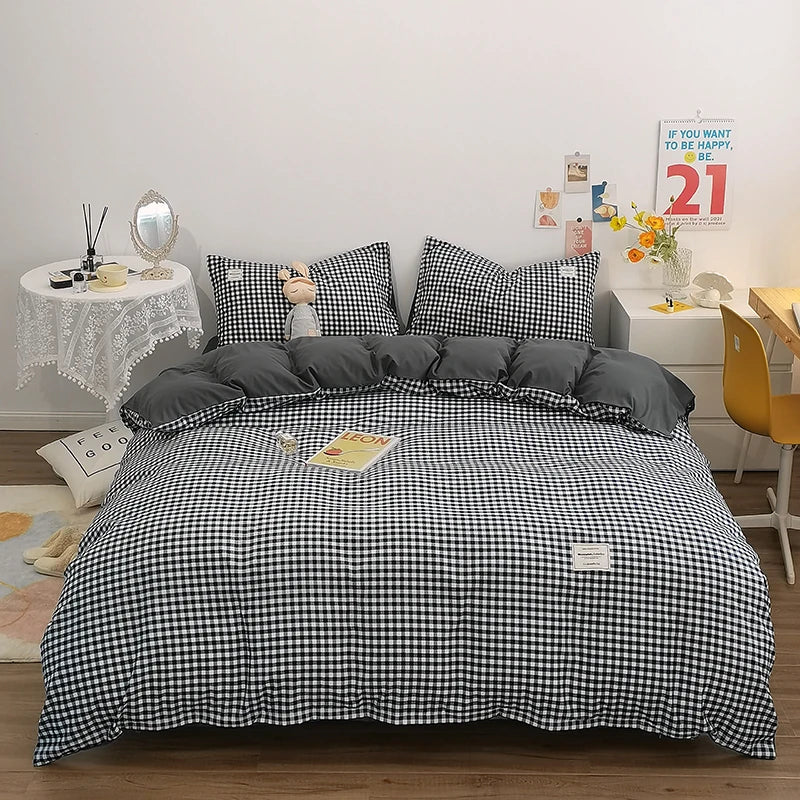 Cotton Duvet Cover 100% Cotton Bedding Set with Plaid Stripe 1 Duvet 2