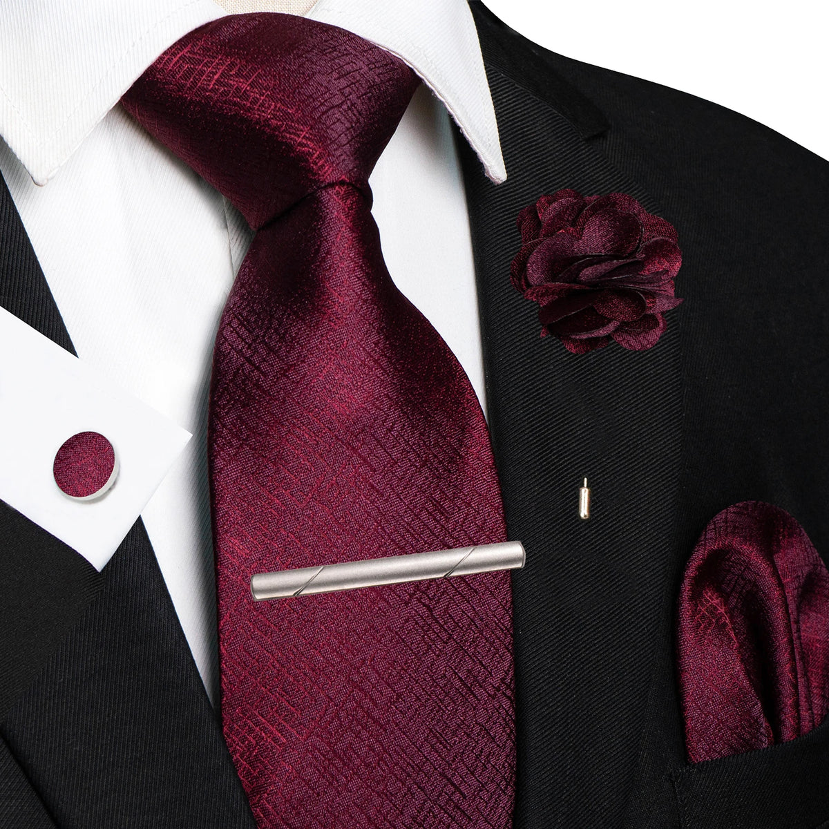 Men's Plaid Tie Clip Set with Pocket Square Cufflinks Wedding Accessories
