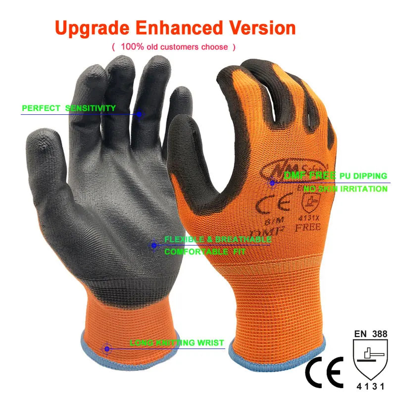 24 Pairs Work Gloves Safety Coated Grip Builders Gardening PU Black