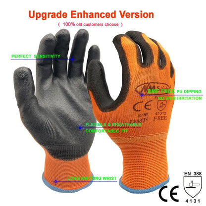 24 Pairs Work Gloves Safety Coated Grip Builders Gardening PU Black