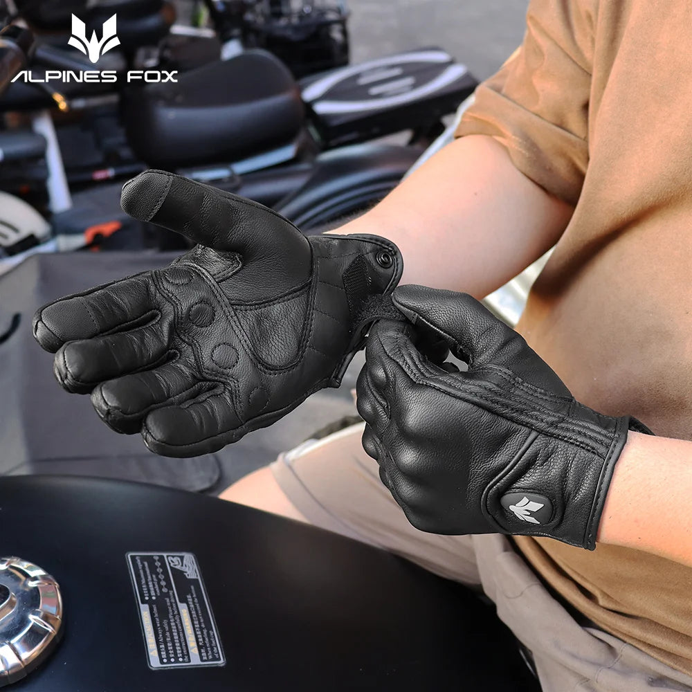 Vintage Leather Motorcycle Gloves Retro Protective Touchscreen Perforated Unisex