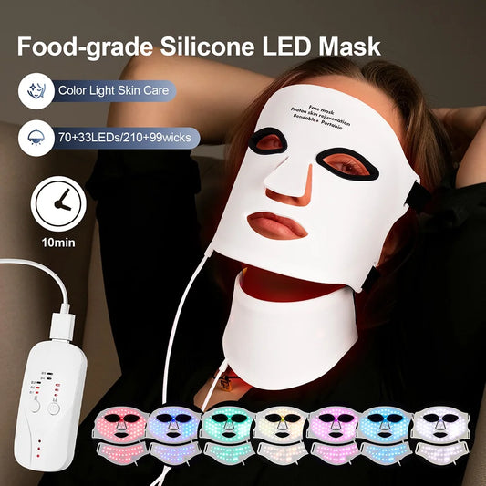 Silicone LED Mask Face With Neck 7 Colors LED Photon Red Light Infrared Therapy Flexible Facial Mask Repair Skin Wireless Use-EXPROTAS