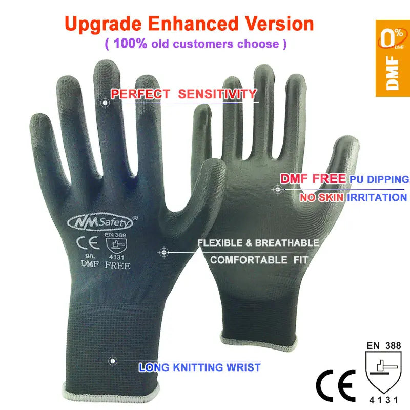 24 Pairs Work Gloves Safety Coated Grip Builders Gardening PU Black