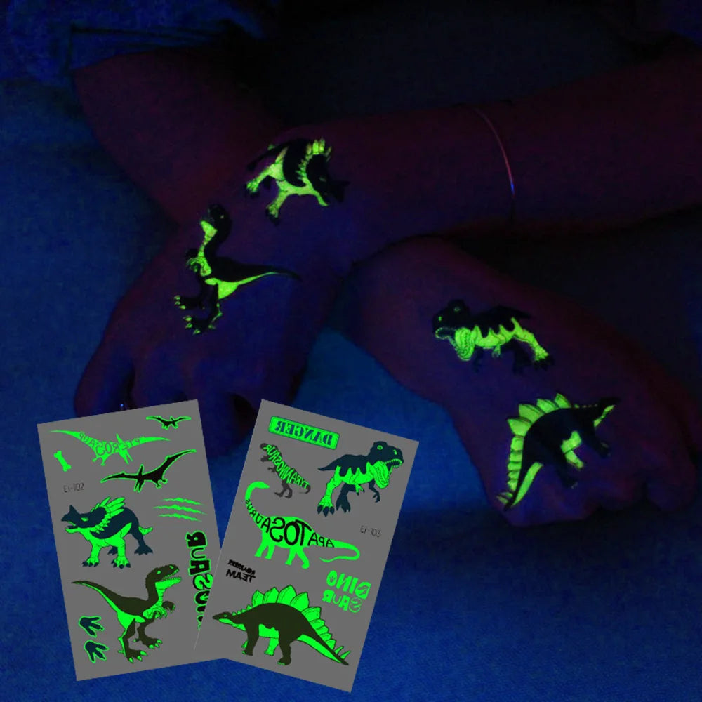 10 Sheets Luminous Dinosaur Temporary Tattoos Waterproof Kids T-Rex Glow