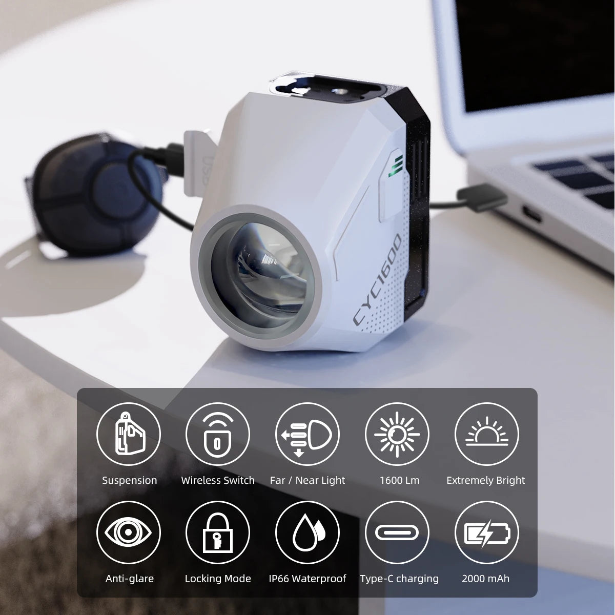 Wireless Remote Bike Headlight 1600 Lumen GoPro Hanging Light Reflector