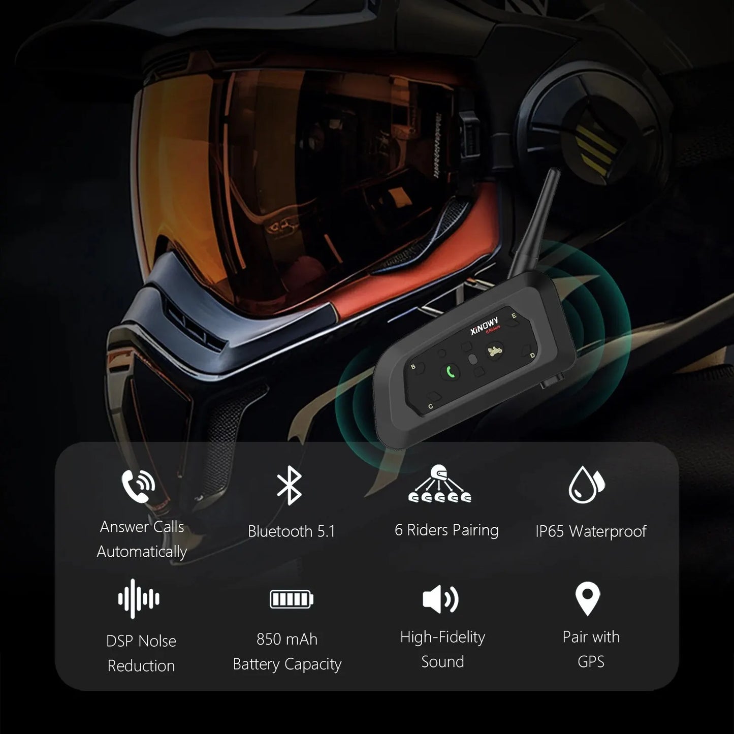 XINOWY V6 PRO Motorcycle Bluetooth Helmet Intercom Headset 1200M Interphone Communicator for 6 Riders Waterproof Music Player-EXPROTAS