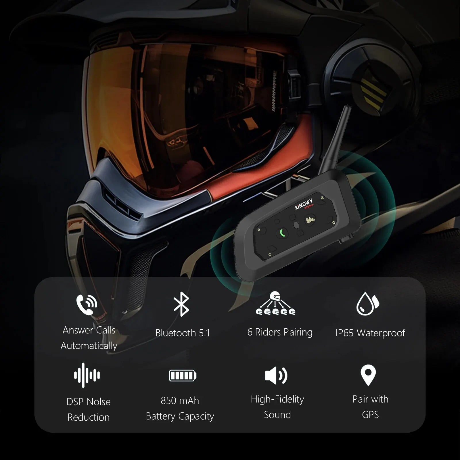 XINOWY V6 PRO Motorcycle Bluetooth Helmet Intercom Headset 1200M Interphone Communicator for 6 Riders Waterproof Music Player-EXPROTAS