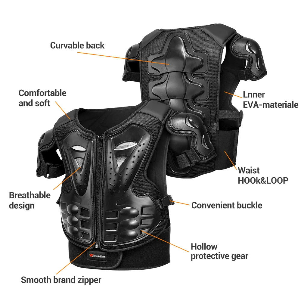 Kid's Motorcycle Armor Vest Protection Jacket Moto Full Armor for Children Eye Catching Short Length Motocross Body Armor Riding Kneepads