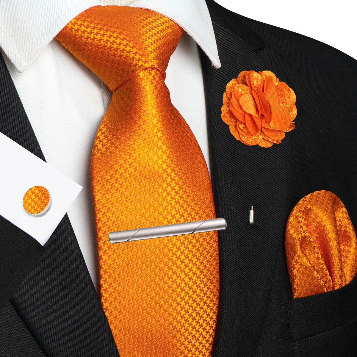 Men's Plaid Tie Clip Set with Pocket Square Cufflinks Wedding Accessories
