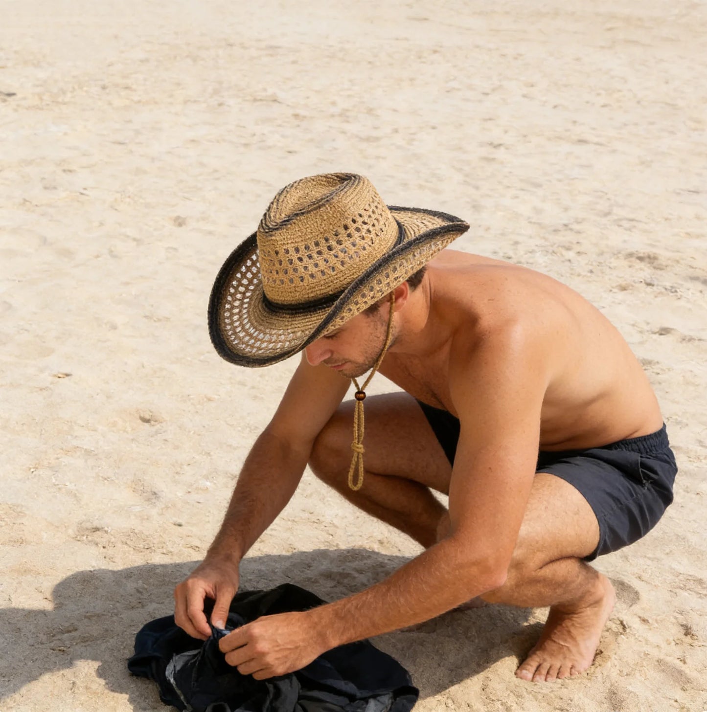 Windproof Strap Denim Straw Hat for Men Women Beach Outdoor Sun Protection